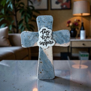 Hand-built Custom Blue Sand Ceramic Cross Wall Art 8.25"