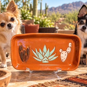 May include: A rectangular terracotta-colored ceramic tray featuring three embossed desert plant designs. The center displays a light green agave, flanked by a dark brown columnar cactus on the left and a white prickly pear cactus on the right.