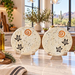 May include: Two round, speckled off-white ceramic plates displayed on small wooden stands. Each plate features a hand-painted orange spiral sun design and two black sea turtle motifs with spiral shell patterns, creating a cohesive decorative set.