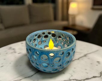 Wheel Thrown Hand Carved Votive /Luminaria /Tea Light Holder