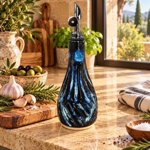 May include: A ceramic oil dispenser with a deep blue and black swirled glaze featuring a textured, ribbed surface. The bottle is topped with a silver-colored metal pour spout with a hinged lid, designed for controlled pouring of liquid condiments.