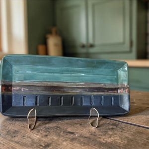 Hand-Built Ceramic Rectangular Striped Glazing with Carvings Serving Platter 10.5"