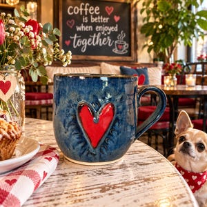 May include: A deep blue ceramic mug featuring a prominent, raised red heart design on the front. The mug has a glossy, textured finish with a sturdy handle. It sits on a white wooden surface next to a plate with a muffin and a small dog wearing a red bandana.