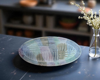 Hand-Built Ceramic Pastel Glazed Oblong Serving Platter 15"