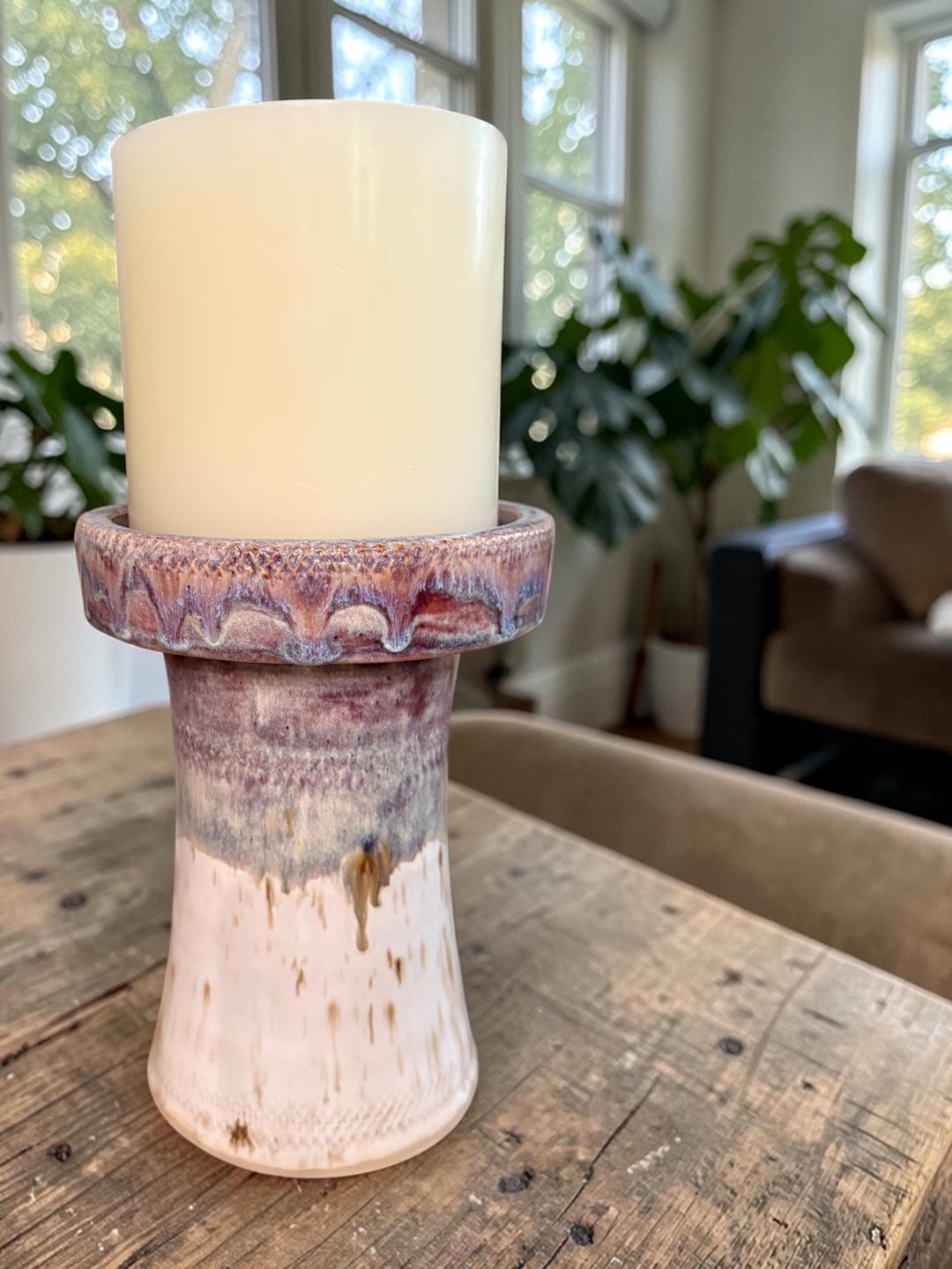 Handcrafted Wheel Thrown Ceramic Pillar Candle Holder With Flowing ...