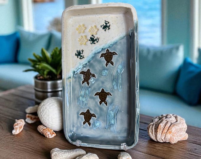 Turtle Shell Tray Hand-built Ceramic Swimming Turtles (honu) Serving Tray /platter 9