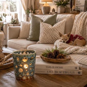 May include: A cylindrical ceramic candle holder with a blue and brown reactive glaze featuring circular cutouts, placed on a wooden table next to a stack of two books titled This is Home and Live Beautifully, topped with a wooden bowl of pinecones.