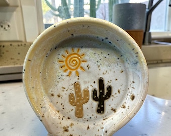 Handmade Wheel-Thrown Ceramic Spoon Rest with Cactus and Sun