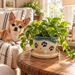 May include: A ceramic plant pot with a speckled beige base and a teal rim, featuring black paw print designs around the exterior. The pot includes a matching saucer and contains a trailing green and yellow variegated pothos plant.