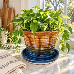 May include: A ceramic plant pot with a glossy finish featuring a horizontal ribbed texture. The glaze transitions from a warm honey-brown at the top to a deep, vibrant blue at the base, sitting on a matching circular saucer.