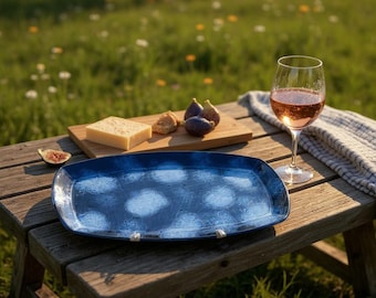 Hand-Built Ceramic Rectangle Serving Platter in Mesmerizing Blue Glazes  13.5"