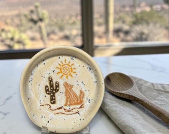 Handmade Wheel-Thrown Ceramic Spoon Rest with Cactus and Coyote