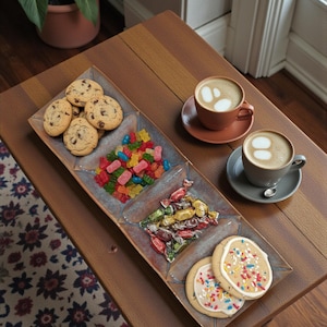 May include: A rectangular ceramic serving tray with four sections, filled with chocolate chip cookies, gummy candies, wrapped hard candies, and frosted sugar cookies with sprinkles. Two cups of coffee with latte art sit on a wooden table.