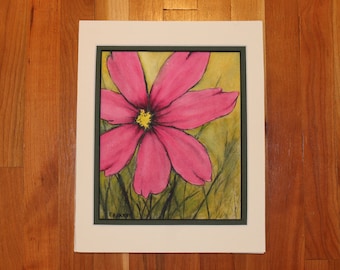 Watercolor painting of a pink cosmos flower, not a print.  October birth month flower.