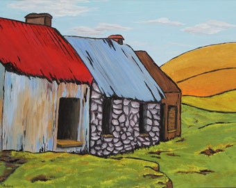 May include: Acrylic painting of three cottages with red, blue, and brown roofs. The walls are stone and weathered wood. The scene is set in a green field with rolling hills under a blue sky. A rural landscape.