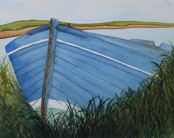 Original Blue Boat Watercolor Painting - Matted 20x16