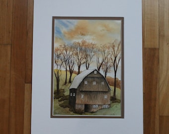 Original Watercolor Barn Painting: Farmhouse Decor, Matted 11x14