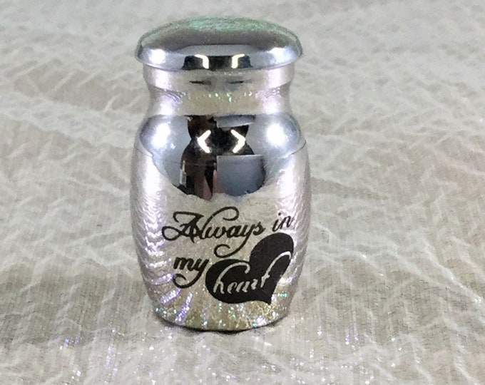 Urn "Always in my Heart" Etched Metal Cremation Ashes mourning sympathy miniature in memoriam loving memory funeral sympathy grieving family