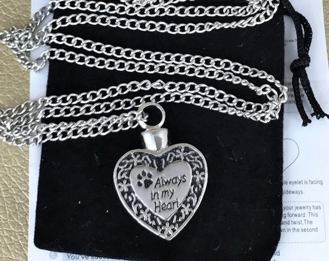 URN10 Always in my Heart pet Cremation Urn Necklace and fill kt & pouch dog cat bird remembrance memorial funeral sympathy