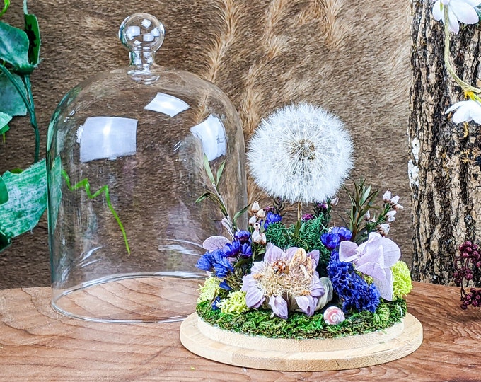 Real Dandelion Head Surrounded by flowers Lg Glass Dome Curiosities Natural oddities cottage core Dome Display Whimsical fairy wish odd