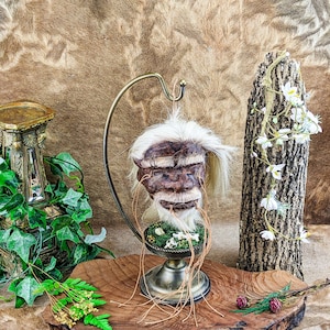 May include: A taxidermied animal head with a furry face and a long beard, displayed on a metal stand with a decorative base. The head is surrounded by a brown, furry background.