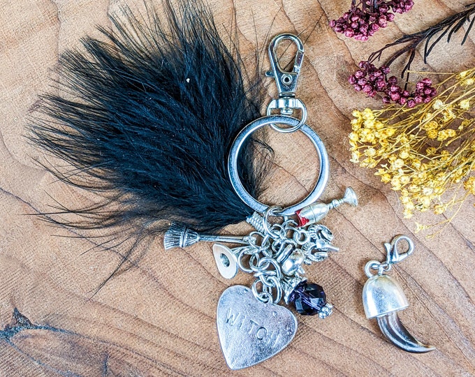 WITCH Keychain Wolf claw goat head challis  Broom Cauldron Hat Bead feather occult witchcraft Fashion Accessory Goth Choker luck gag gift