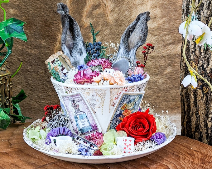 Rabbit Ear Tea Cup Alice in Wonderland Theme Homemade Unique collectible cottagecore aesthetic fairytale alice curio cabinet victorian