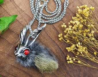 Rabbit Foot Silver Bunny Head Necklace NATURAL Jewelry unique mystic oddities curiosities macabre fashion whimsical aesthetic cottagecore