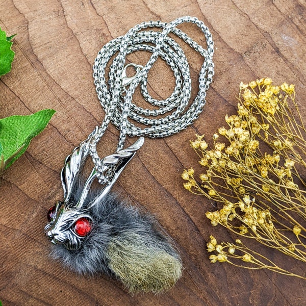 Rabbit Foot Silver Bunny Head Necklace NATURAL Jewelry unique mystic oddities curiosities macabre fashion whimsical aesthetic cottagecore