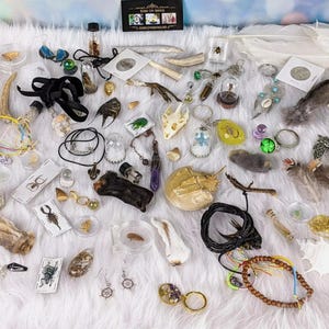 May include: A collection of natural curiosities including animal bones, insect specimens in glass vials, resin pendants with embedded creatures, feathers, shells, and various jewelry pieces like necklaces and bracelets arranged on a white fur surface.