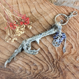 May include: A unique keychain featuring a bird's foot, adorned with a silver pentacle charm, purple beads, and a feather pendant. The keychain is attached to a silver clasp and ring. The bird's foot is gray and textured.