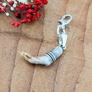 May include: A silver-toned charm featuring a small animal paw with white fur and a brown tip. The charm is attached to a silver clasp and a decorative silver thimble-shaped element with black stripes. Red and white dried flowers are in the background.