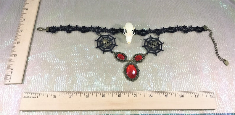 i31e Taxidermy real Bat skull Choker goth Gothic Witch Gothic jewelry necklace collectible specimen spider web