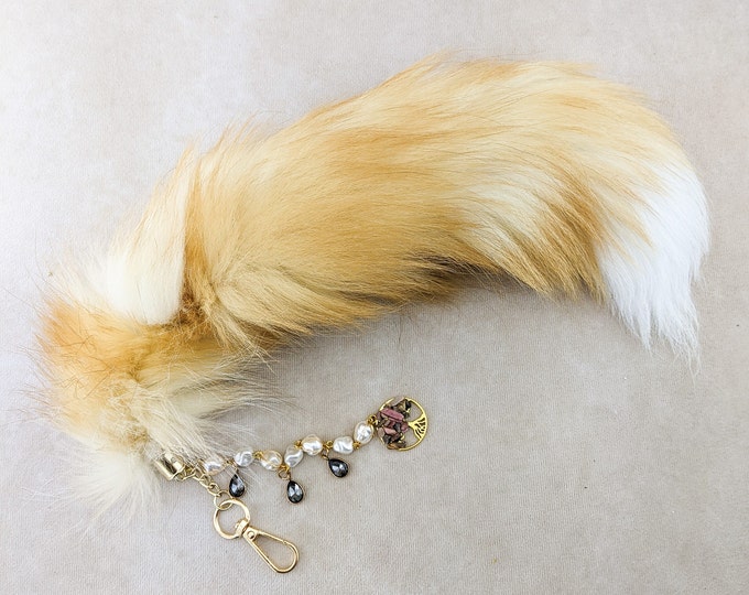 Fox Tail 16" Golden W/ various embellishments talisman purse bling gift lg fashion collectible specimen animal fur fox accessory key ring
