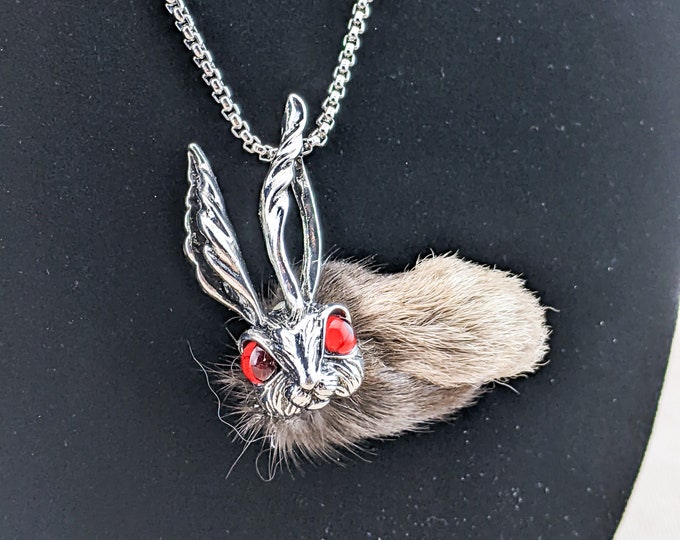 Rabbit Foot Silver Bunny Head Necklace NATURAL Jewelry unique mystical occult magic oddity talisman specimen oddity curiosity