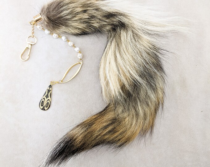 Fox Tail 18" Gld/blk W/ various embellishments talisman purse bling gift lg fashion collectible specimen animal fur fox accessory key ring