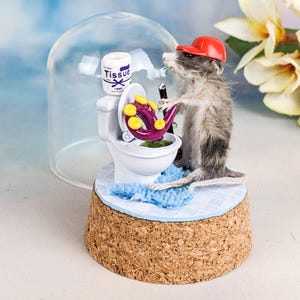 May include: A whimsical miniature scene featuring a possum wearing a red cap, tending to a miniature toilet. The toilet bowl contains a purple and yellow object. A roll of tissue and a glass dome complete the humorous display.