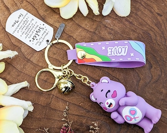 Sisters keychain Purple Care Bear metal bell message accessories "fight a bear" oddities curiosities sibling fashion Share Bear purse gift