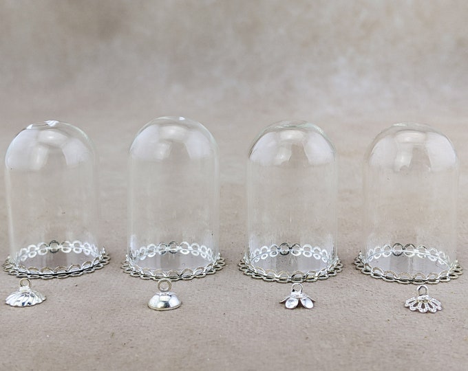 y121b lot of 4 miniature Glass Dome cloche display case dollhouse  or jewelry making 4 sets of 3pc preservation of collectibles decor