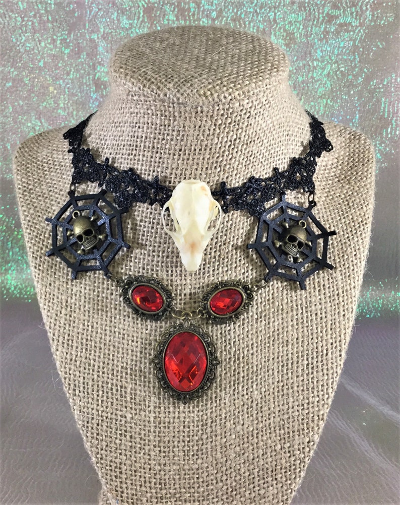 i31e Taxidermy real Bat skull Choker goth Gothic Witch Gothic jewelry necklace collectible specimen spider web