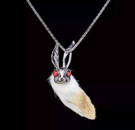 Rabbit Foot Silver Bunny Head Necklace NATURAL Jewelry