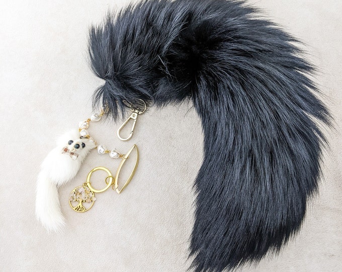 Fox Tail 14" Black W/ various embellishments talisman purse bling gift lge collectible specimen animal fur fox accessory key ring