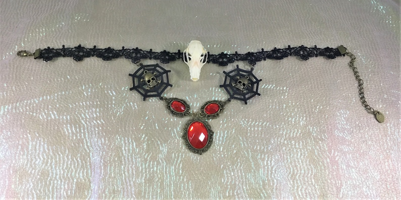i31e Taxidermy real Bat skull Choker goth Gothic Witch Gothic jewelry necklace collectible specimen spider web