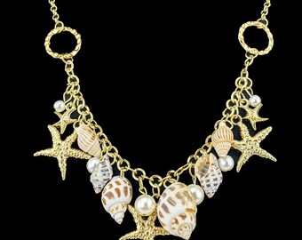 q28b Starfish Shell Statement Necklace Beach nautical Cruise oddities curiosity Curiosities Ocean Nautical Statement Piece Fashion