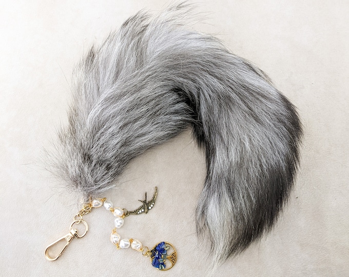 Fox Tail 16" silver W/ pearl embellishments talisman purse bling gift large gift fashion collectible specimen animal fur fox accessory key