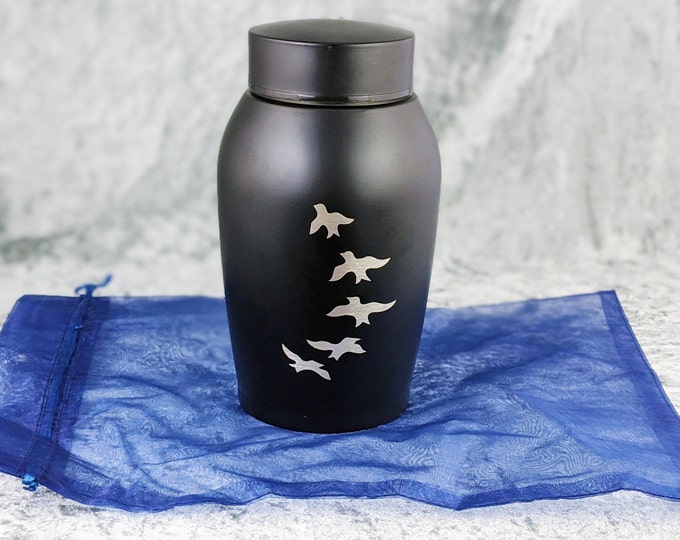 Etched Metal dove URN 7 1/2" Cremation Ashes mourning funeral unique decor black remembrance loved one pet funeral gift in memoriam