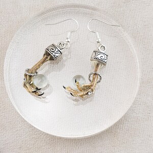 May include: A pair of unique dangle earrings. Each earring features a bird claw design with silver-toned metal accents and a clear, round bead. The claws are tan and have black tips. The earrings are displayed on a clear, round surface.