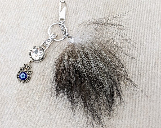 Fox Tail tip silver W/ all seeing eyes rhinestone talisman purse bling gift fashion collectible specimen animal fur fox accessory key ring
