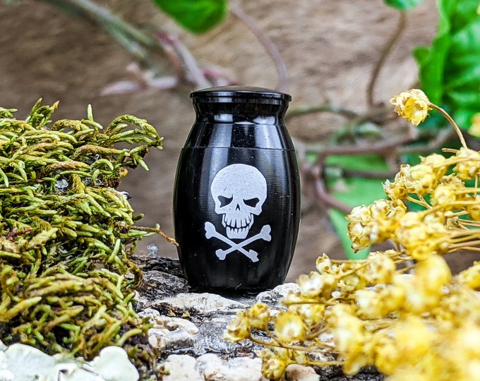 Urn Black Ashes Keepsake Skull & Crossbones Memorial Miniature Cremation oddities curiosities collectible mourning remembrance gift keepsake