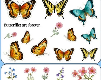 Butterfly Sticker Sheet Set, FREE SHIPPING, Planner Journaling Sticker Set, Flower Stickers, Butterfly Stickers